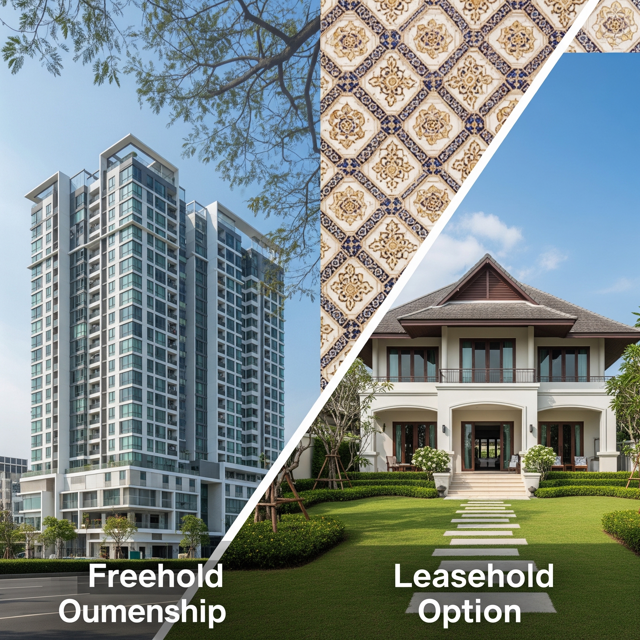 one half showing a modern condominium building and the other half showing an attractive villa with a garden.