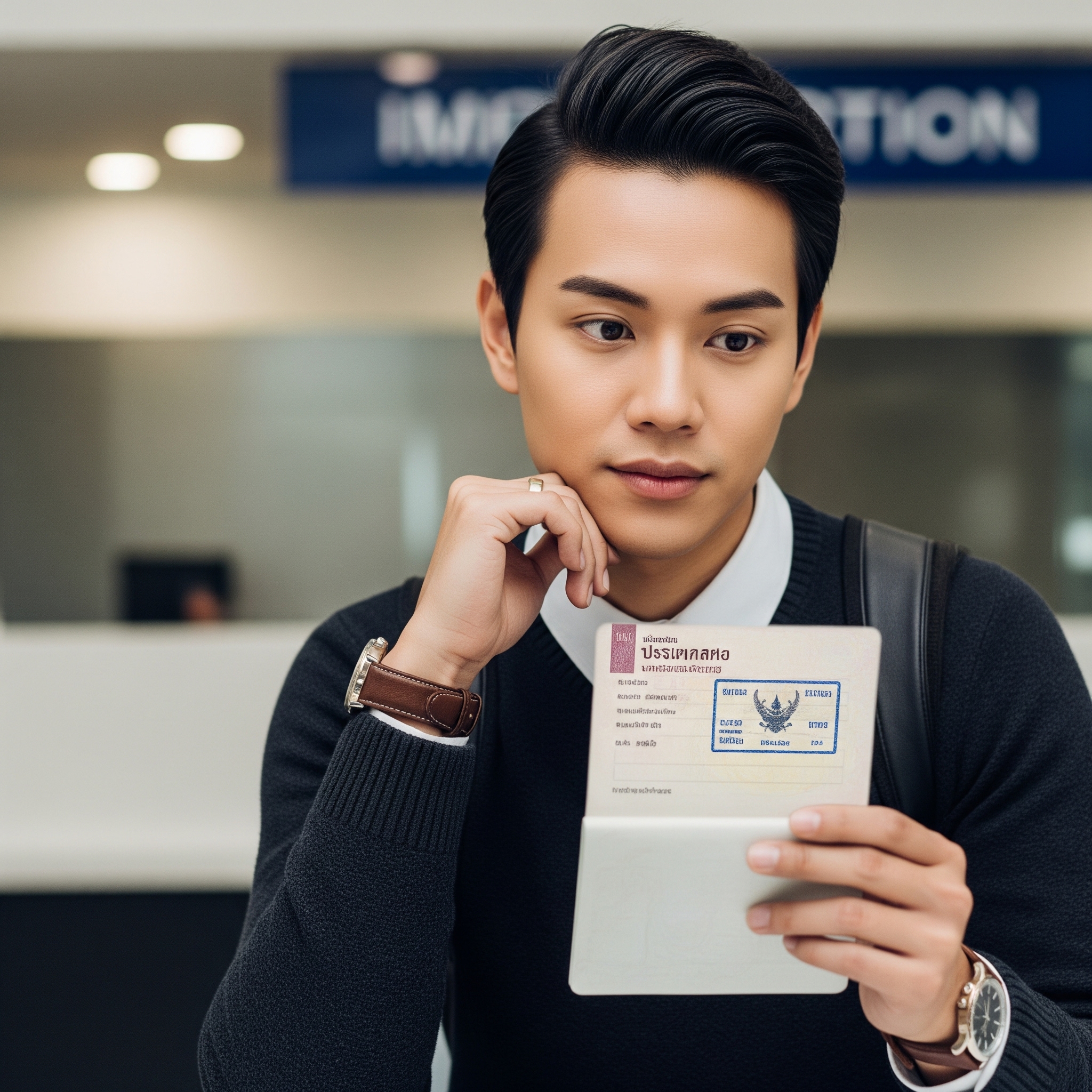 a thai national looking at a Thai passport stamp