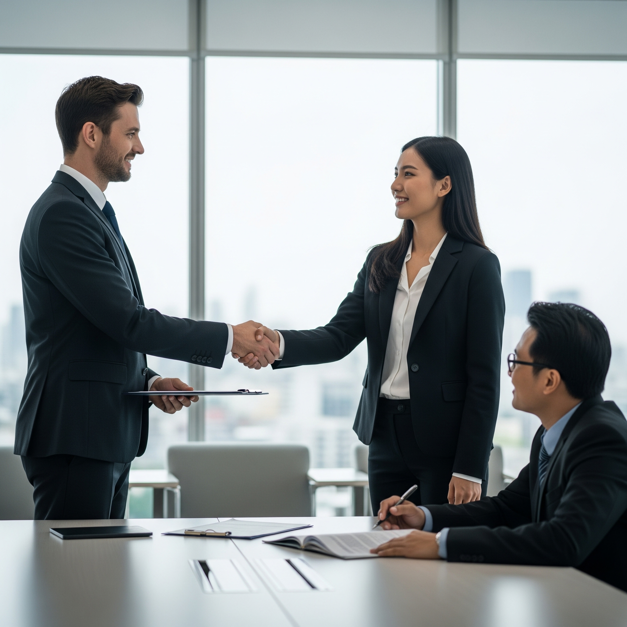 Owner and employee shaje hands in a modern office