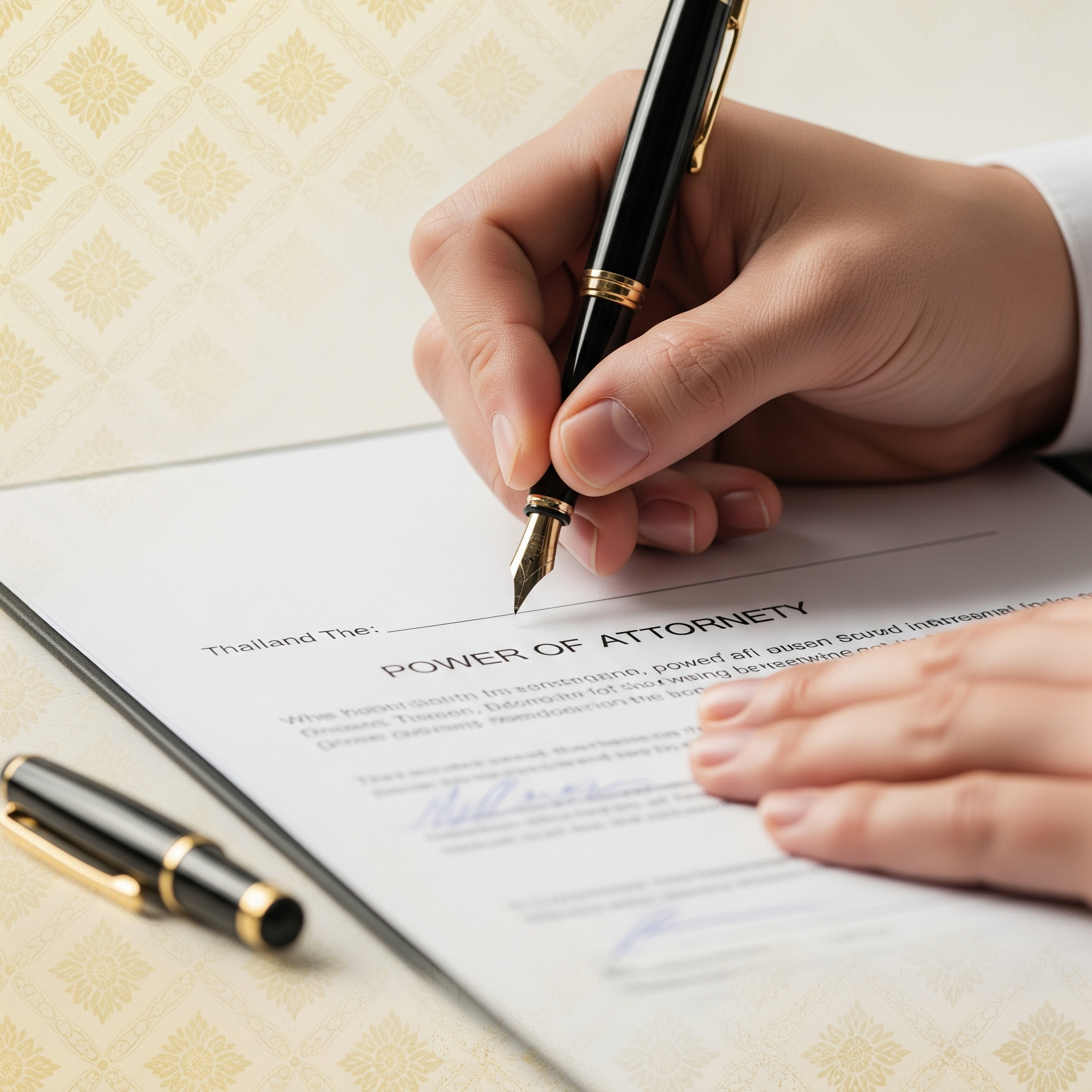 a close-up of a hand signing a formal legal document. The words Power of Attorney are visible on the document. 