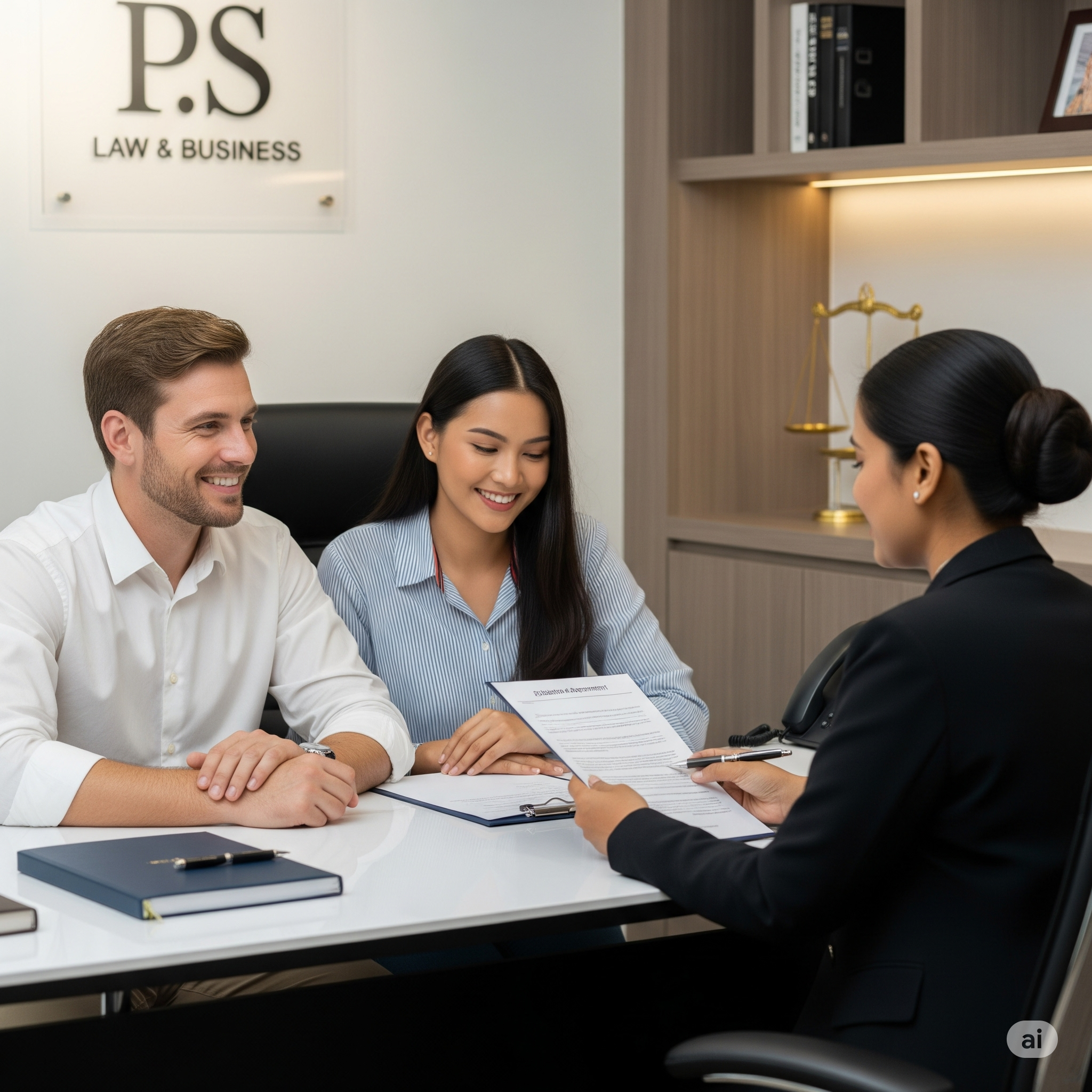 A professional and welcoming photograph of a smiling, diverse couple sitting across a desk from a lawyer at PS Law & Business in Bangkok.