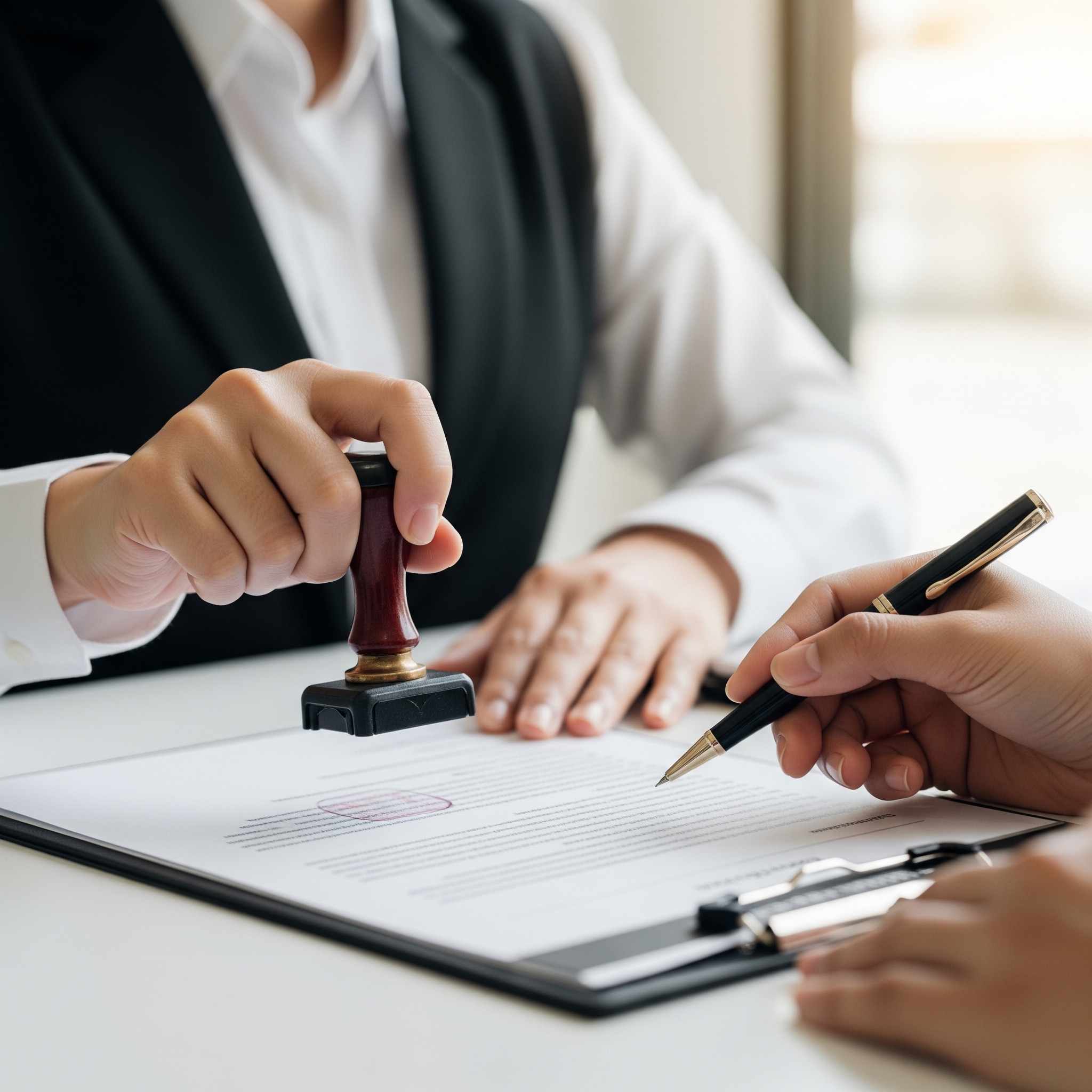 a professional Thai Notarial Services Attorney's hand stamping an official-looking document with a seal. Another hand, belonging to a foreigner, is visible nearby, holding a pen.
