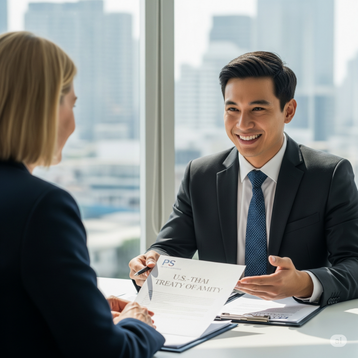 A PS Law & Business lawyer advising a client on the US Treaty of Amity for starting a business in Thailand.