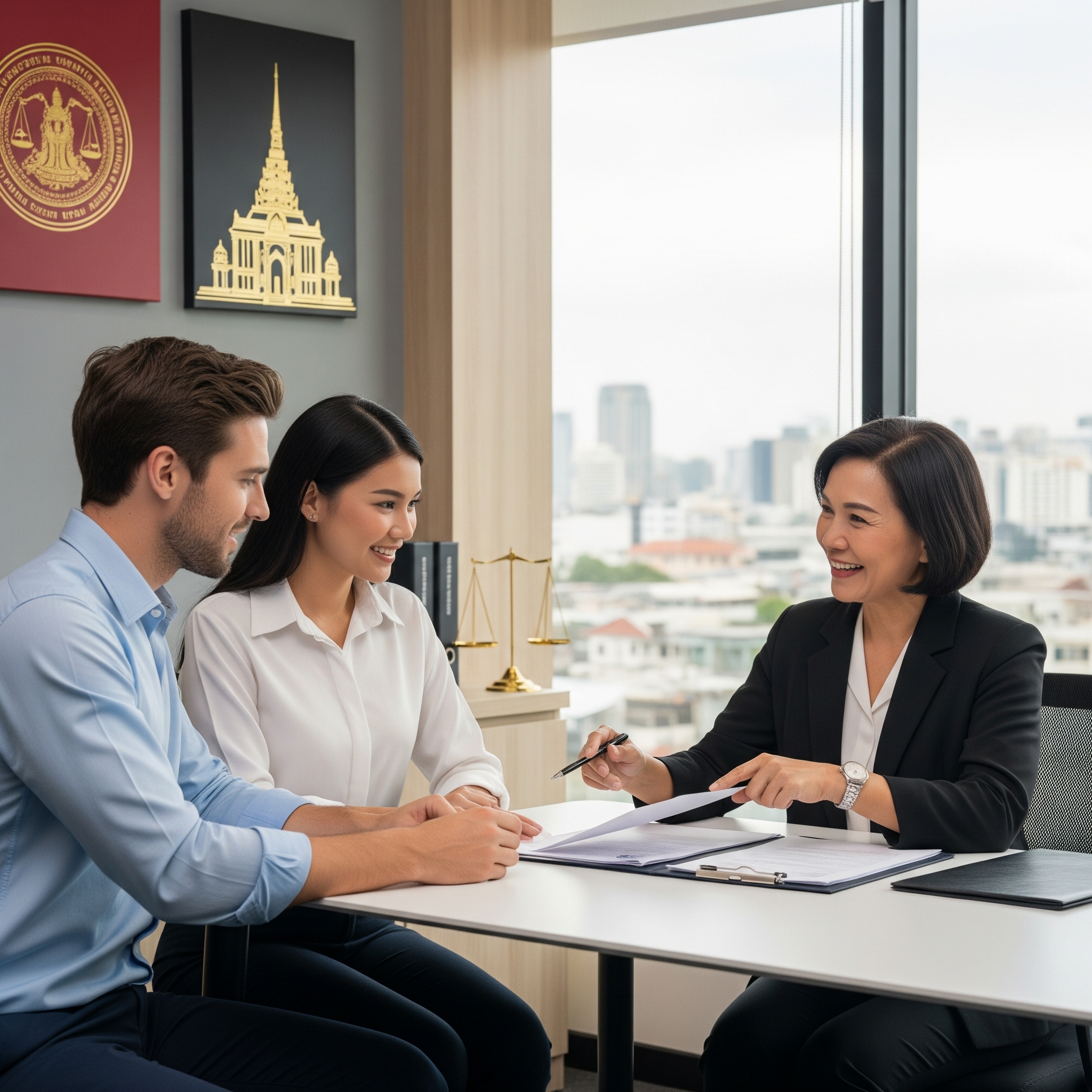A professional and reassuring image depicting a diverse couple looking at official documents with a helpful legal advisor in a modern Bangkok office setting