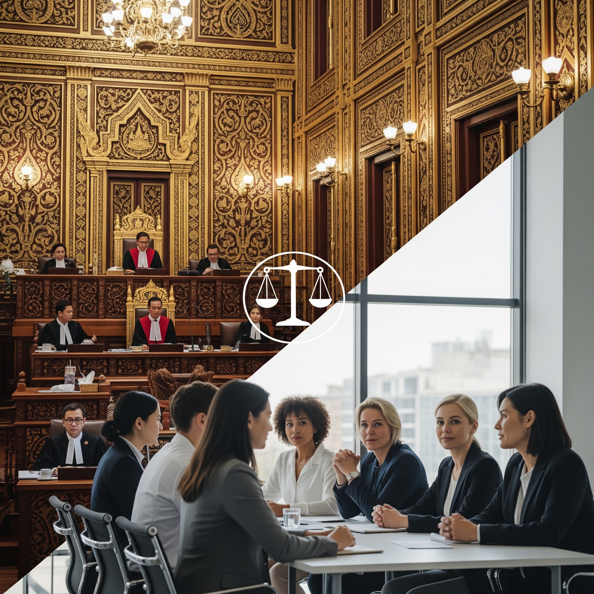 A split image: one side showing a traditional ornate Thai courtroom, the other side showing a modern, neutral business meeting room