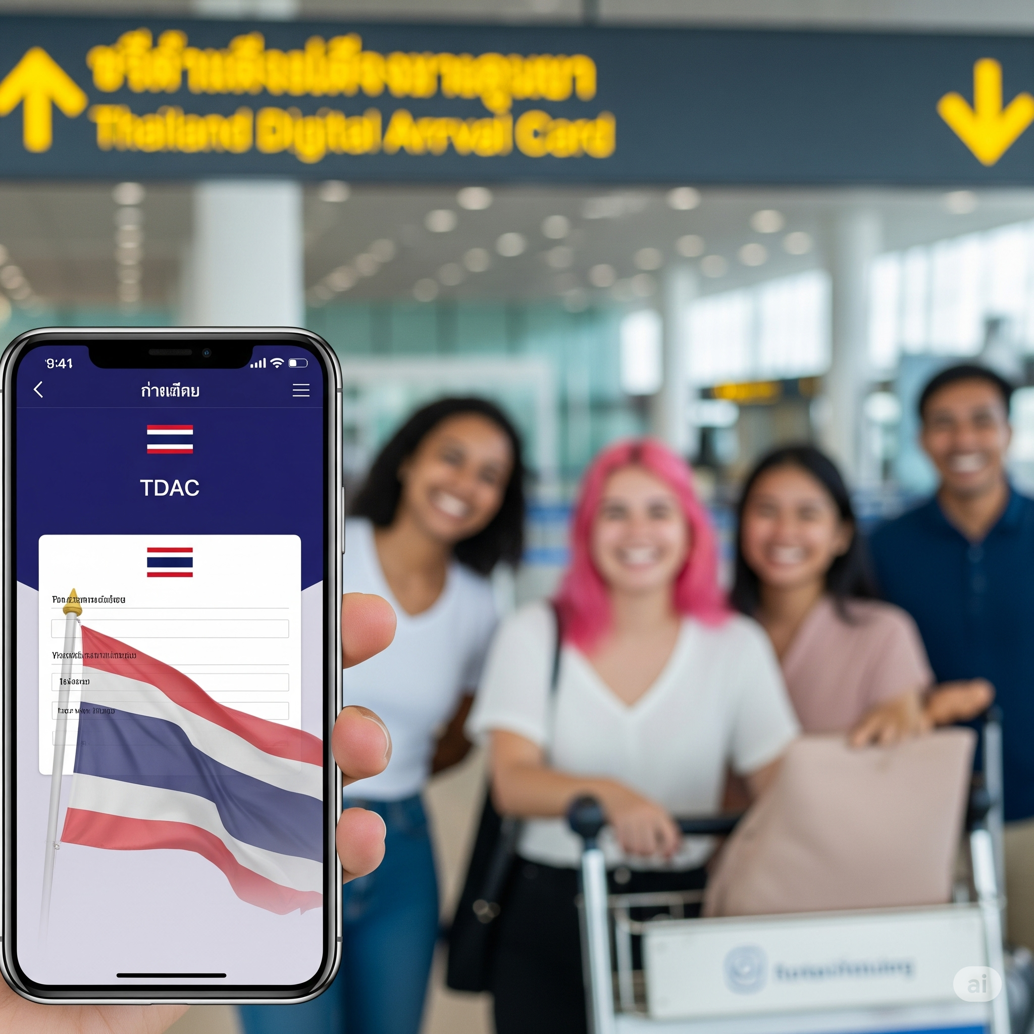 a smartphone screen displaying a clean and user-friendly TDAC online form. In the background, subtly blurred, should be a diverse group of happy travelers at a modern Thai airport