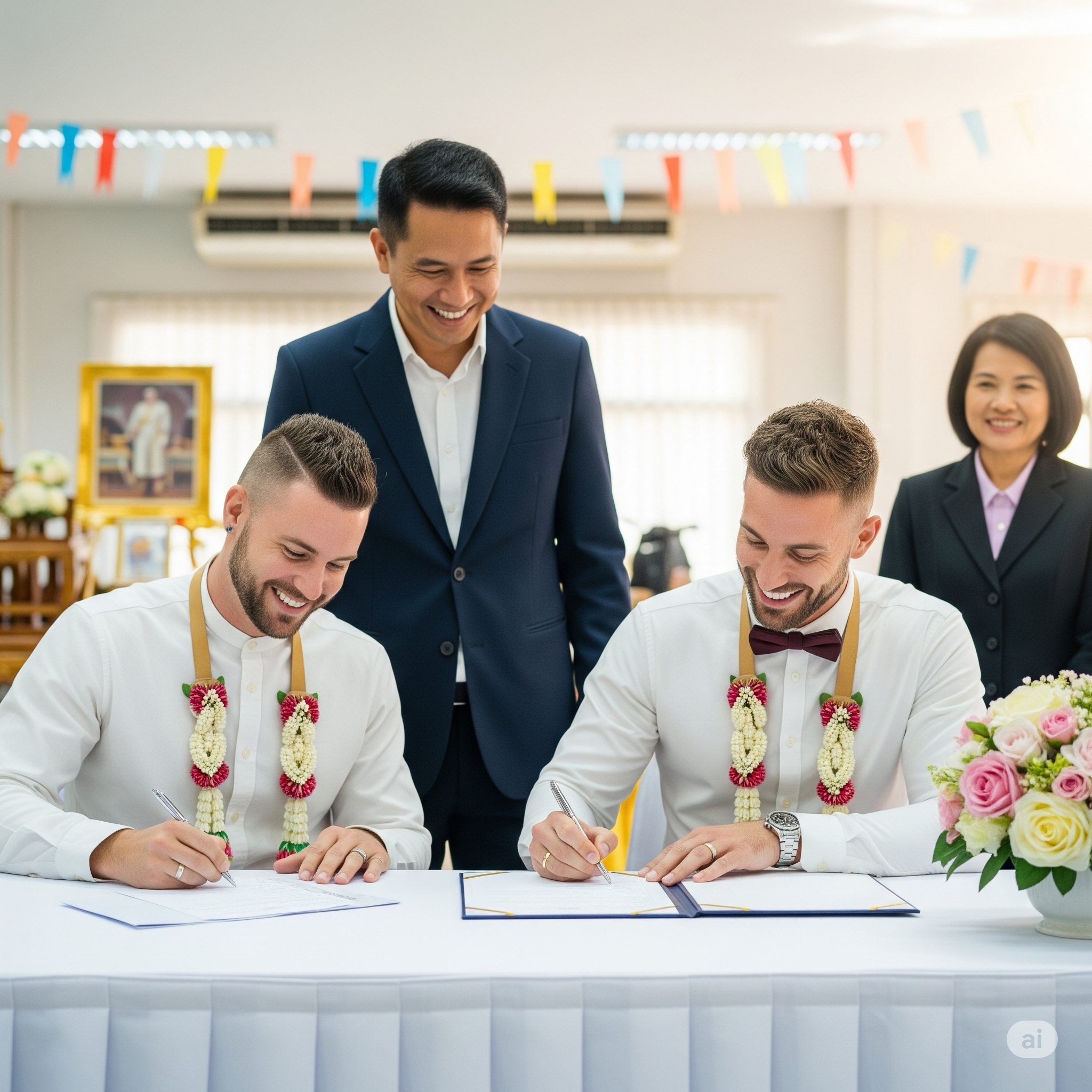 A joyful, gay couple signing a marriage certificate at a Thai district office (Amphur)