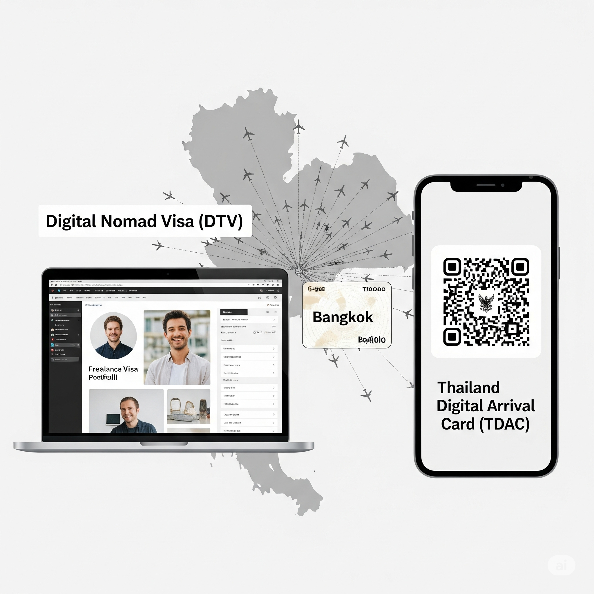 A clean, modern graphic. On the left, a laptop screen showing a freelancer's portfolio, with the text "Digital Nomad Visa (DTV)" above it. 