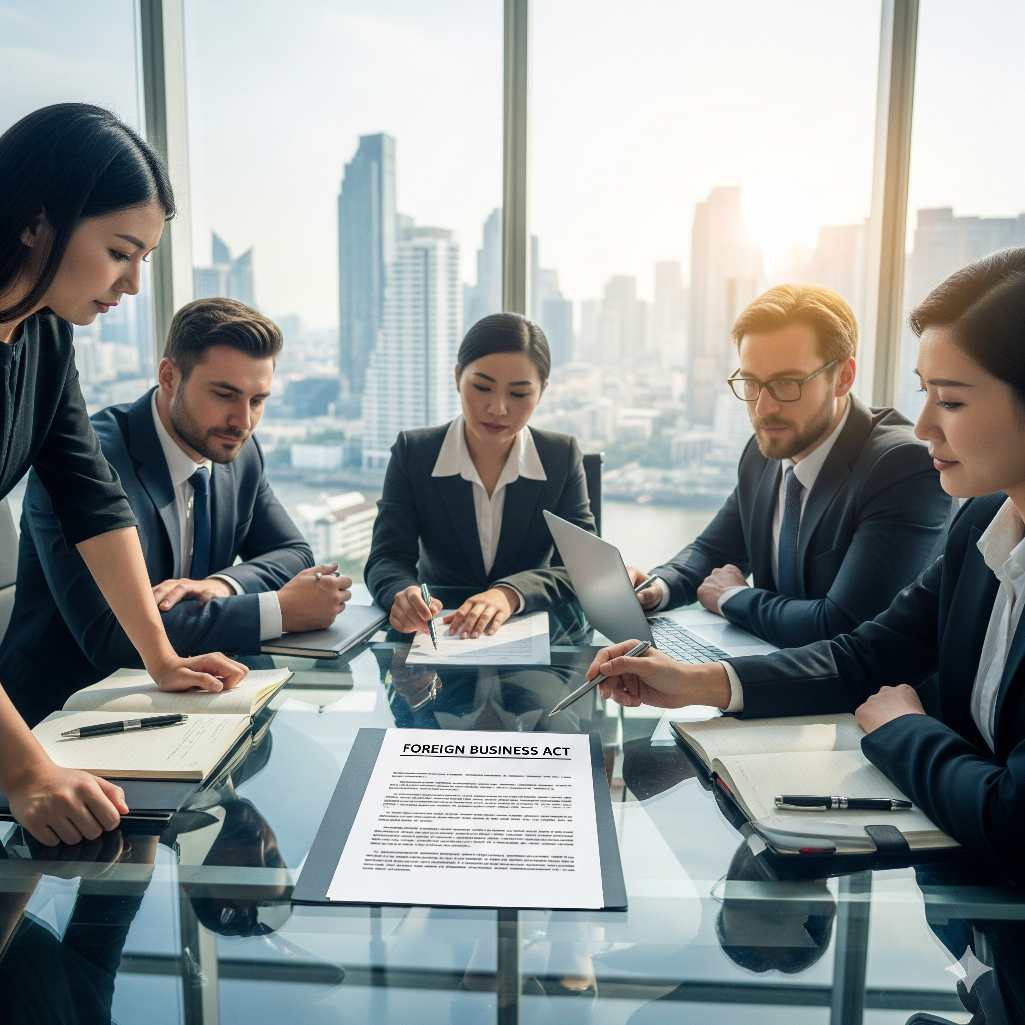 A group of international business people are collaborating around a table in a Bangkok office with a view of the city skyline
