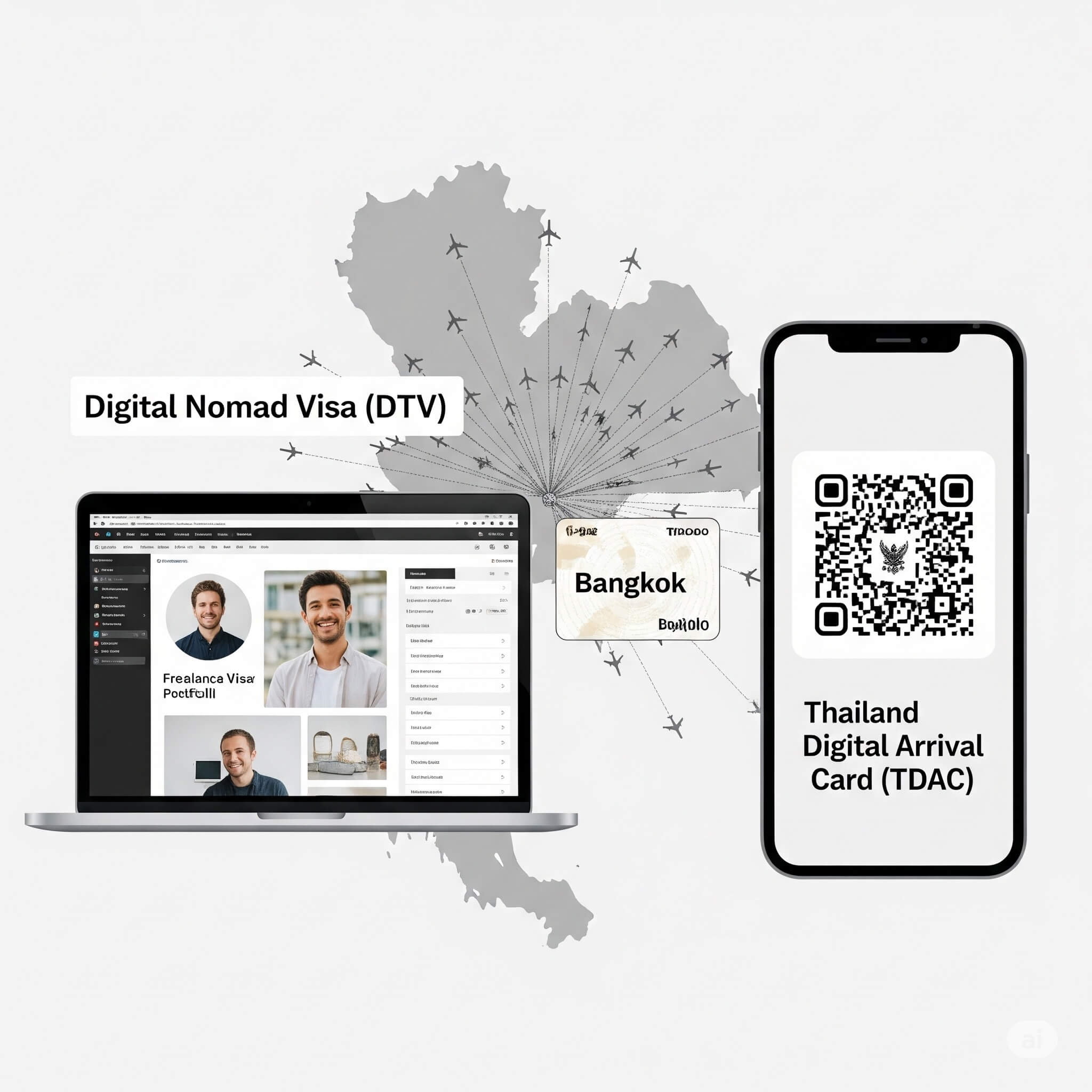 A clean, modern graphic. On the left, a laptop screen showing a freelancer's portfolio, with the text Digital Nomad Visa (DTV) above it. 