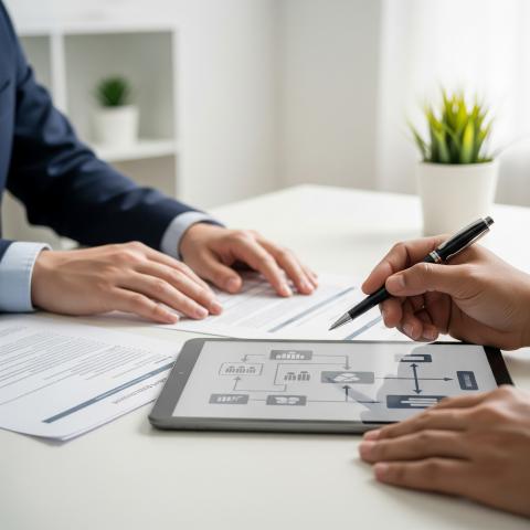 desk with tablet with charts