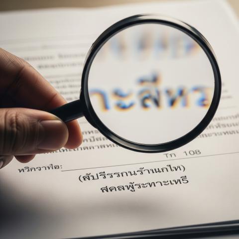 A close-up shot of a hand holding a magnifying glass over legal or financial documents with Thai script partially visible