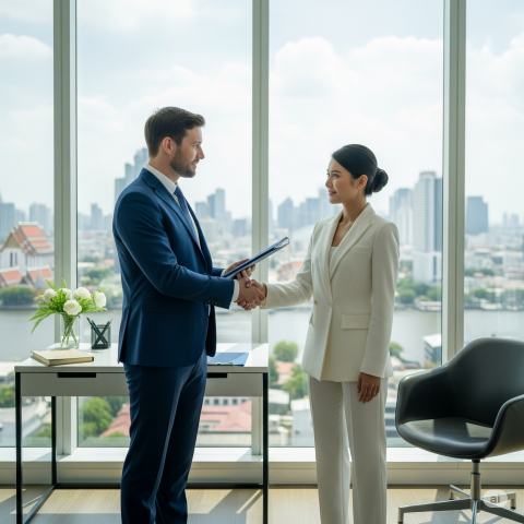 A handshake between a Western and a Thai business person in a bright, contemporary office setting in Bangkok.