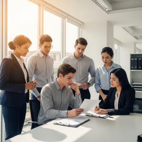 A diverse group of professionals in a modern Bangkok office setting, one person looking concerned while reviewing a document with a lawyer.