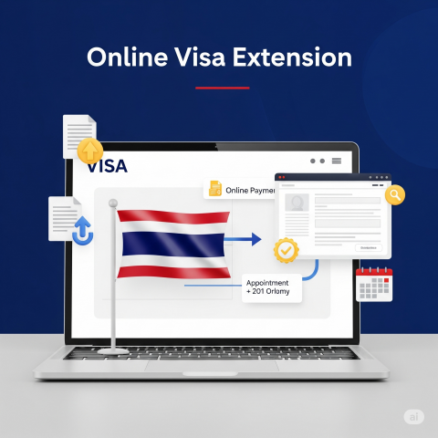 a laptop displaying the Thai flag and visa application elements, with icons representing document upload, online payment, and an appointment calendar