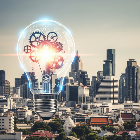 A stylized image of a lightbulb with a gear mechanism inside, symbolizing innovation and the patent process, with a backdrop of a modern Bangkok