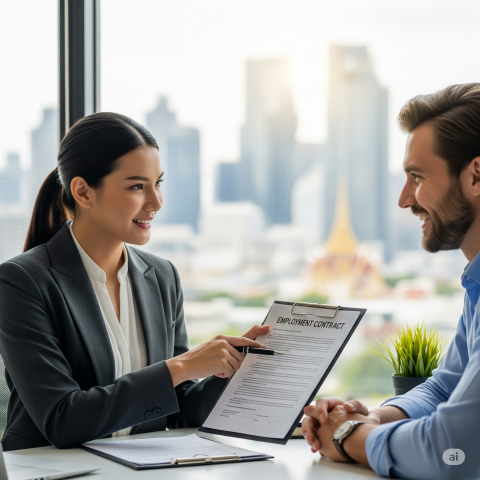 A professional, friendly Thai lawyer in a modern Bangkok office is pointing to a specific clause in an employment contract, explaining it to a smiling and engaged foreign expatriate client sitting across the desk
