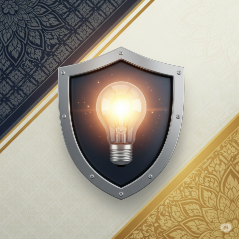 A stylized graphic of a shield protecting a lightbulb, symbolizing the protection of ideas and intellectual property