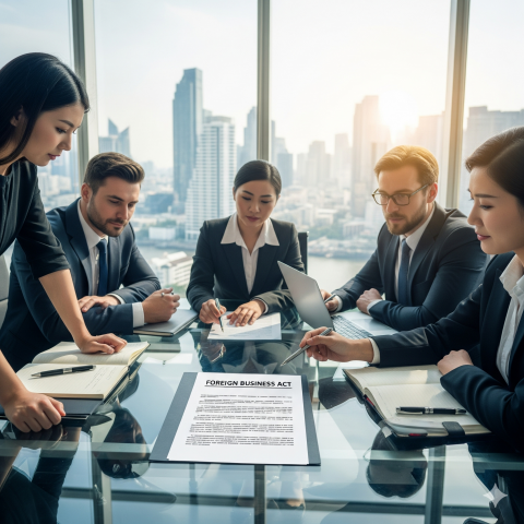 A group of international business people are collaborating around a table in a Bangkok office with a view of the city skyline