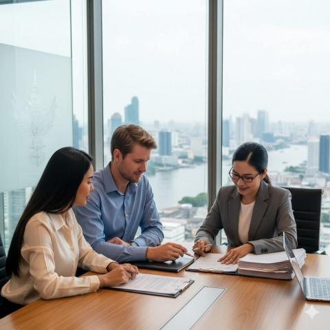 A professional and reassuring image depicting a diverse couple looking at official documents with a helpful legal advisor in a modern Bangkok office setting