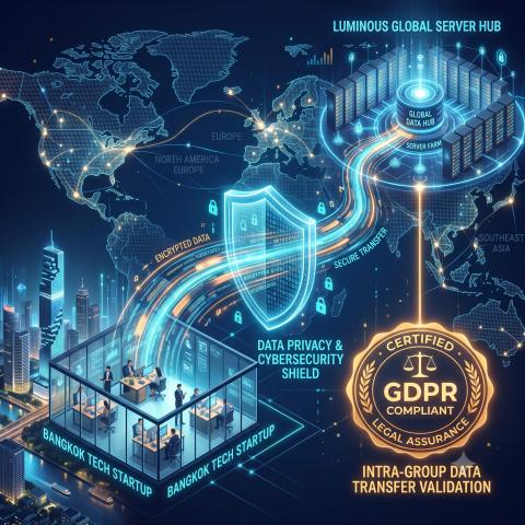 a glowing, encrypted data stream connecting a sleek tech startup office in Bangkok to a luminous global server hub across an abstract world map