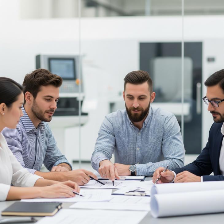 a bright, modern collaborative meeting with a diverse group of professionals reviewing documents, with a factory floor subtly visible in the background