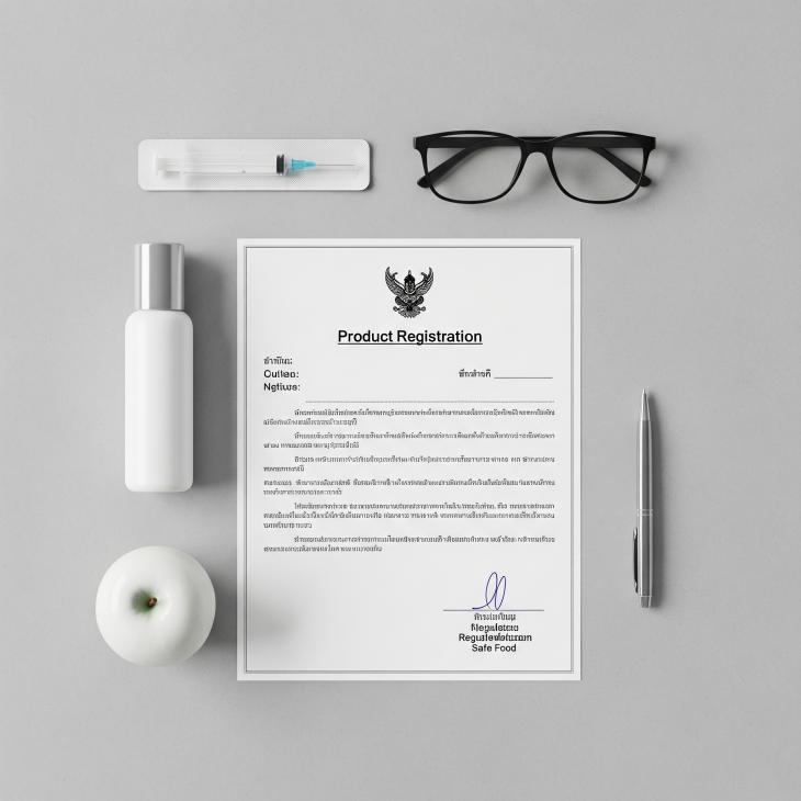 A clean, professional, and modern flat lay photo. The background is a slightly textured, light grey or white surface, suggesting a business desk. Centrally placed is a high-quality, official-looking document with Thai script visible (but not necessarily legible, to represent Thai FDA documents) alongside an English summary or heading like 'Product Registration'. Next to it, place a few symbolic items representing regulated products: perhaps a sleek, unbranded cosmetic bottle, a small, generic medical device