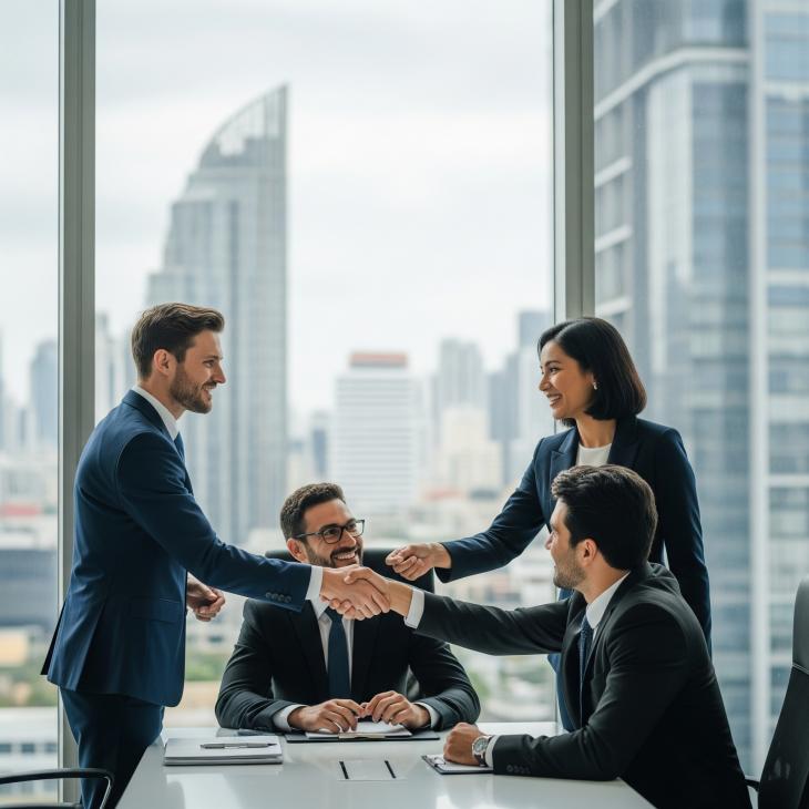 people shaking hands in an office