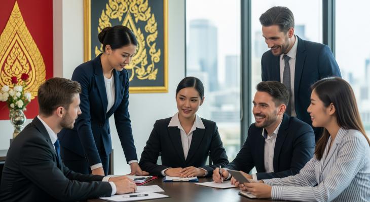 diverse group of Thai and foreign business professionals in a modern Bangkok office, engaged in a positive and efficient collaborative meeting