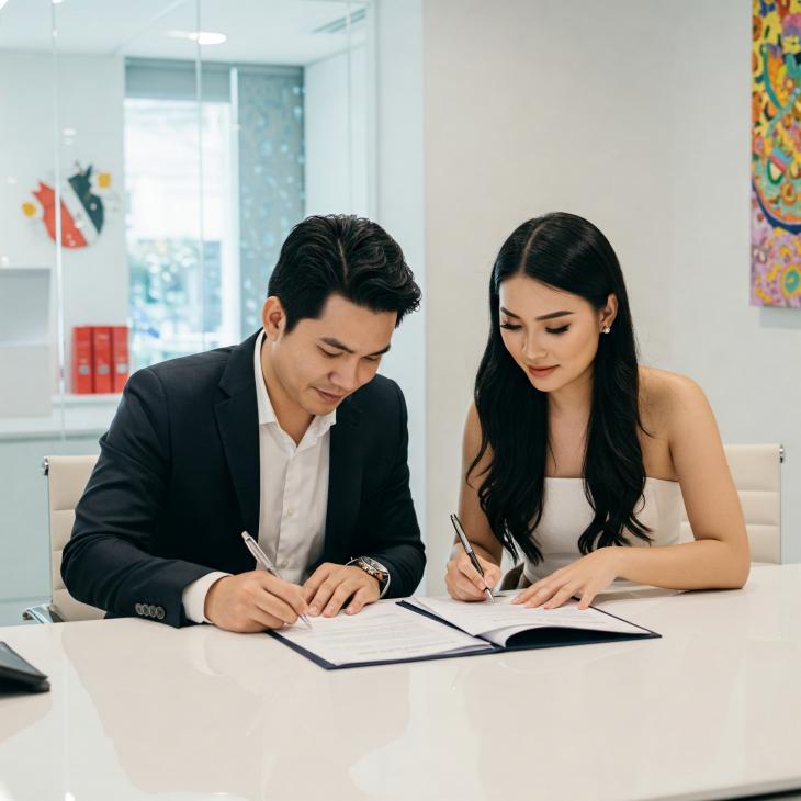 couple signing prenuptial agreement
