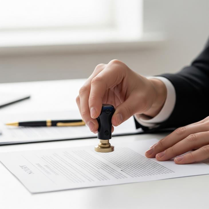 A professional hand is carefully placing an official-looking notary stamp or seal onto a document