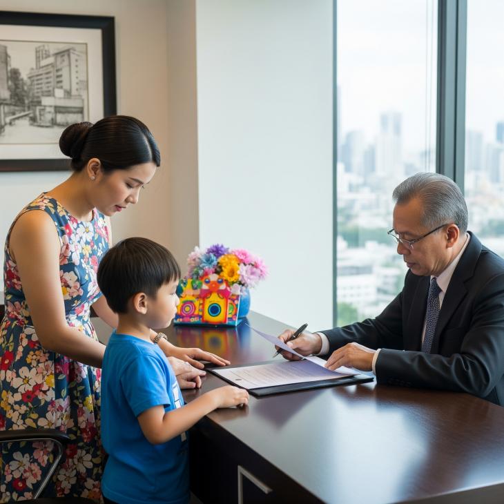 child with his mom with a notary with a letter
