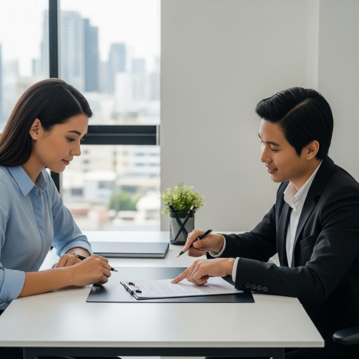 A diverse foreign client is calmly reviewing a legal document with a Thai Notarial Services Attorney. The attorney is pointing to a detail on the document. 