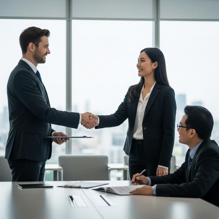 Owner and employee shaje hands in a modern office