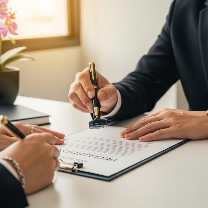 A notary public's hand in Bangkok stamping a legal document titled 'Declaration.' The other hand of a client is visible nearby, signing the document.