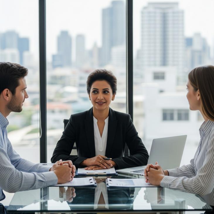 lawyer siting on a desk between two persons