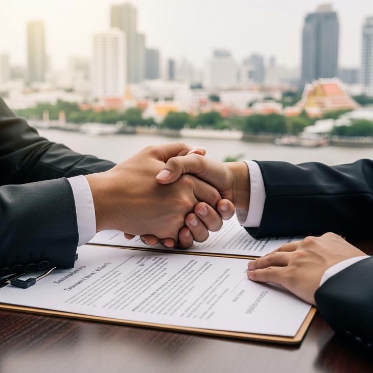 two hands shaking over a wooden desk with documents