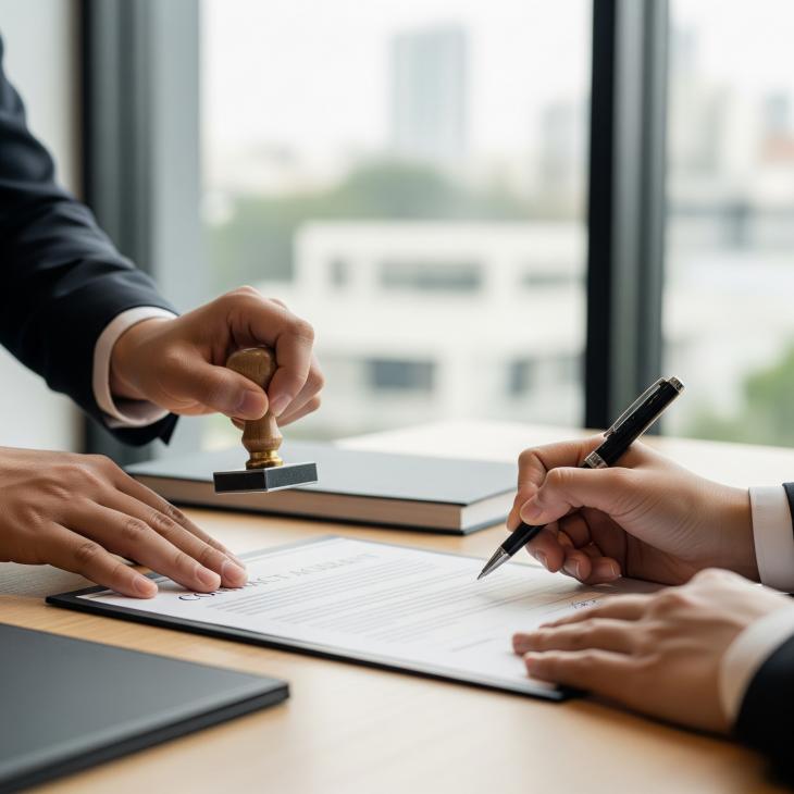a close-up of a contract agreement being stamped with a notary public seal in a modern office