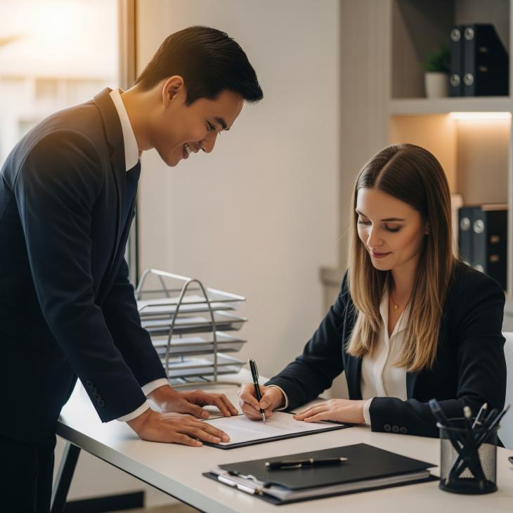A professional and friendly Thai Notarial Services Attorney in a contemporary Bangkok law office, assisting an international client with signing an official document.