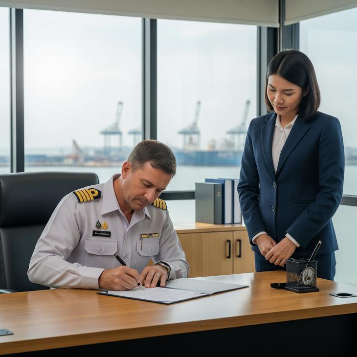A ship's captain, looking serious and professional, signing a document at a wooden desk in a well-lit office