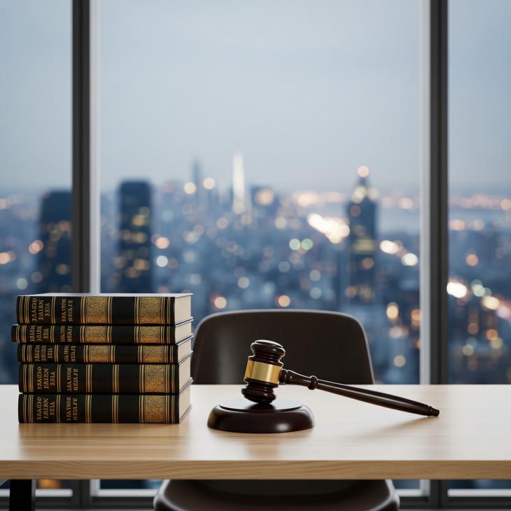 desk with law books and a hammmer