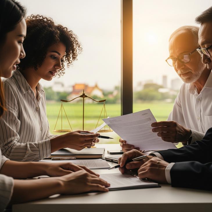 4 people sitting on a table checking documents