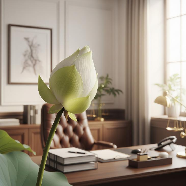 Lotus bud beginning to open, with a softly lit, out-of-focus background suggesting a calm and supportive legal office environment