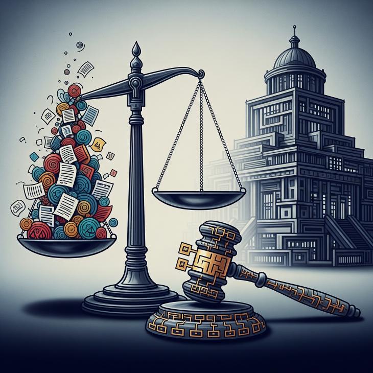 An abstract image representing justice or bureaucracy: Such as scales of justice, a gavel, or a stylized government building.