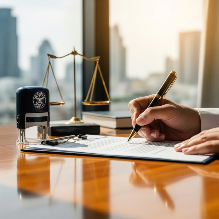 desk with someone signing documents