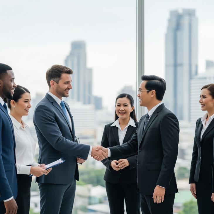 foreigner collaborator shake hands with a thai colleague