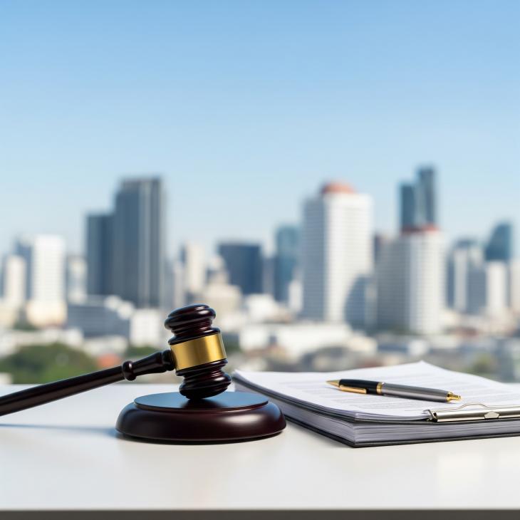 A professional and subtly optimistic image depicting a polished wooden gavel and a neat stack of legal documents on a modern, clean desk.