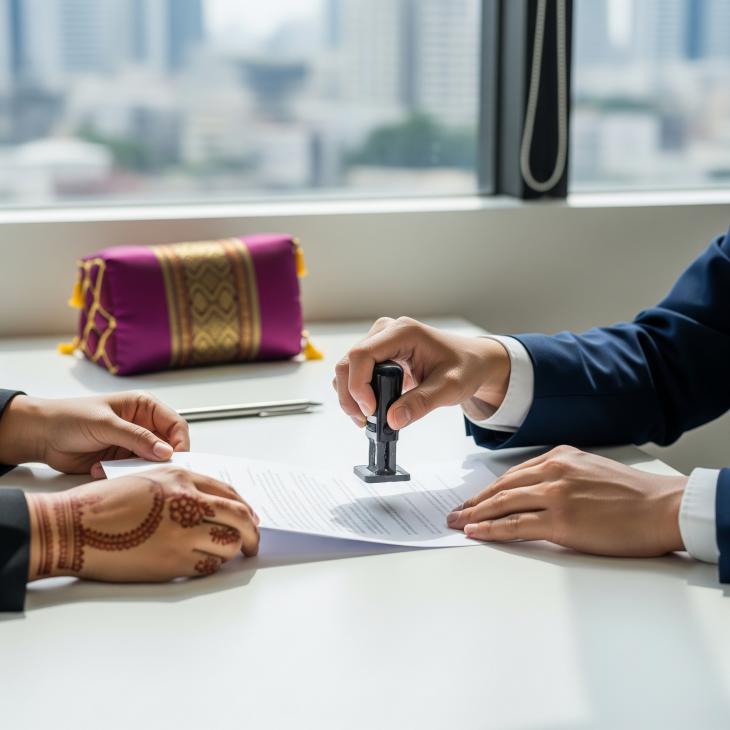a document being stamped with a notary seal on a clean, modern desk