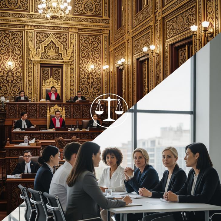A split image: one side showing a traditional ornate Thai courtroom, the other side showing a modern, neutral business meeting room