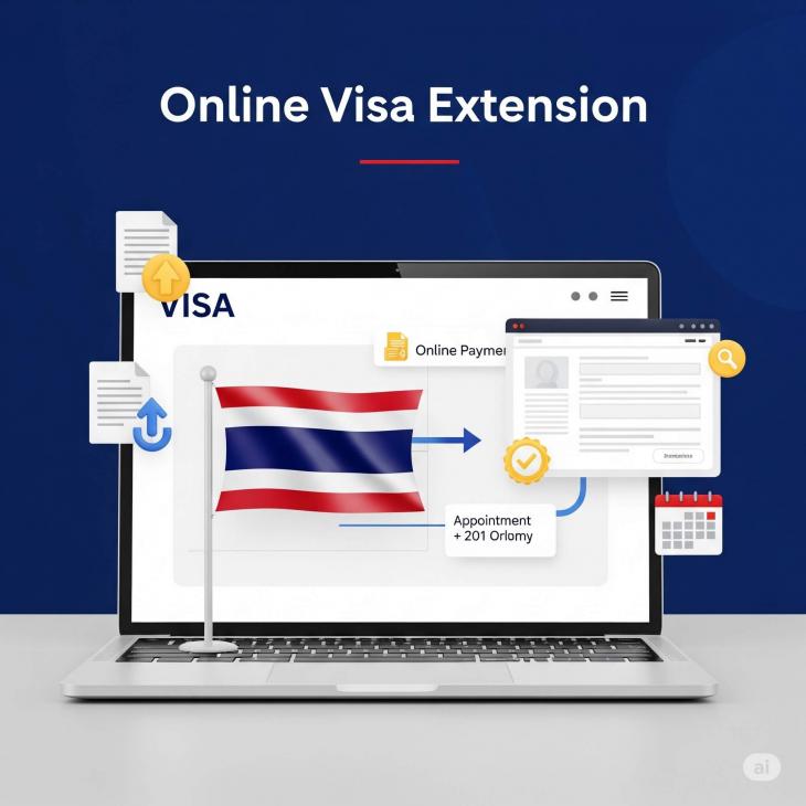 a laptop displaying the Thai flag and visa application elements, with icons representing document upload, online payment, and an appointment calendar
